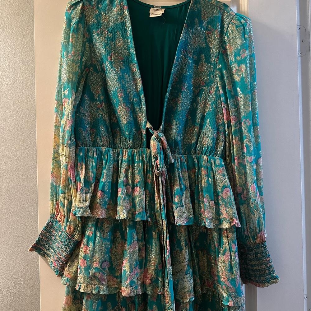 HEMANT & NANDITA Teal and Pink Floral Long Sleeve Dress